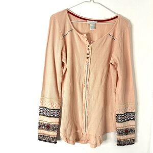Sundance Boho Waffle Knit Henley Embroidered Beaded Cuff Top Peach NWOT